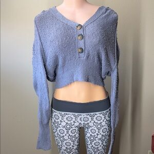 Free People Textured Henley Crop Sweater in Dusty Blue